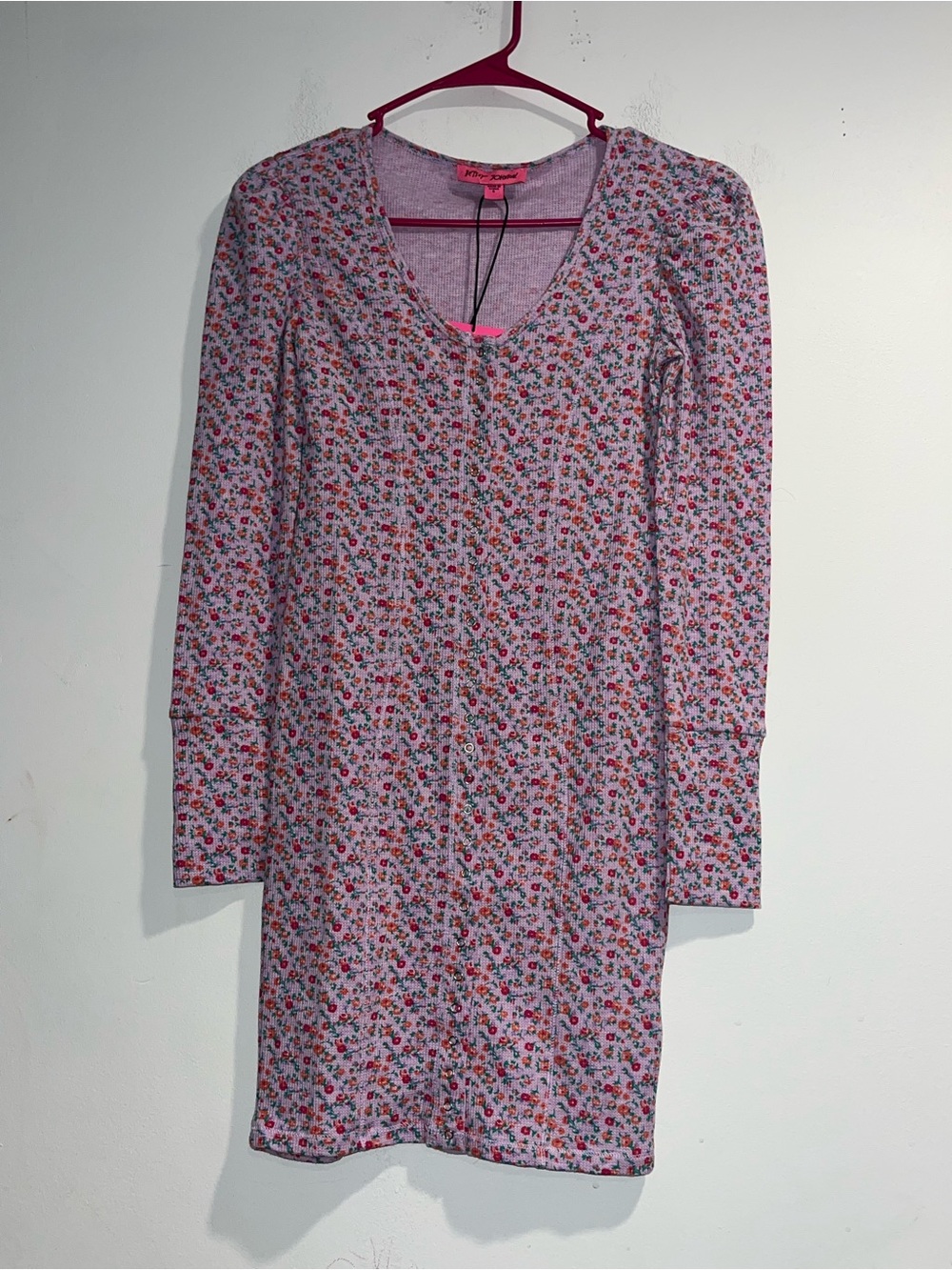 BETSEY JOHNSON Ditsy Printed  Snap Front Long Sleeve Dress Mauve Shadows NWT